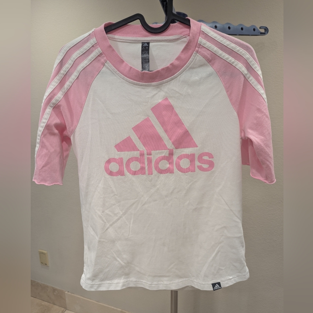 Adidas Pink and White Raglan T-Shirt Women's XS 4-6 Pink White